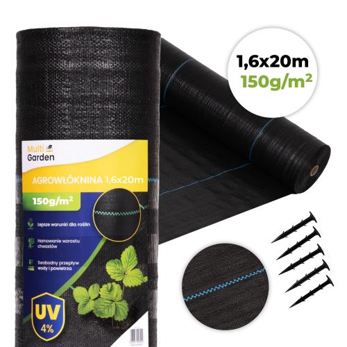 Černá agro tkanina odolná proti UV záření 150 g/m2, rohož proti plevelům 1,6×20 m, kolíky, MultiGarden