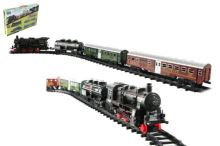 Vlak + 3 vagóny s kolejemi 24ks plast na baterie se světlem se zvukem v krabici 59x39x6cm