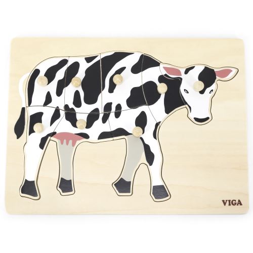 VIGA Dřevěné Montessori Puzzle Kráva s kolíky