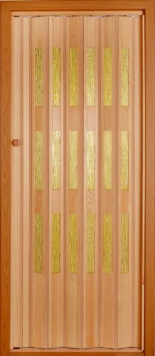 Shrnovací dveře dřevěné borovicové mořené- široké žluté prosklení