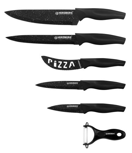 Herzberg HG-KL6BMR: 5dílná sada nožů potažených mramorem – černý mramor