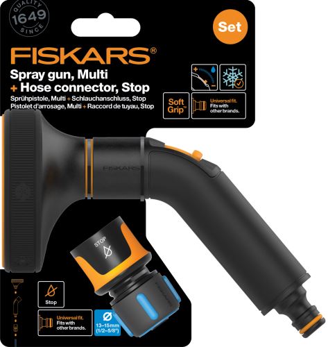 Fiskars Comfort set - zavlažovací pistole multi + hadicová spojka Comfort STOP 1/2" - 5/8" (1057609)