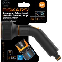 Fiskars Comfort set - zavlažovací pistole se 3 funkcemi + hadicová spojka Comfort STOP 1/2&quot; - 5/8&quot; (1057608)