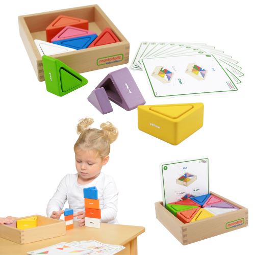 Dřevěná hra pro děti. Barevné bloky a poháry, trojúhelníky Masterkidz