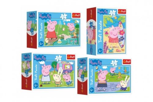Minipuzzle 54 dílků Šťastný den Prasátka Peppy/Peppa Pig 4 druhy v krabičce 9x6,5x3,5cm 40ks v boxu
