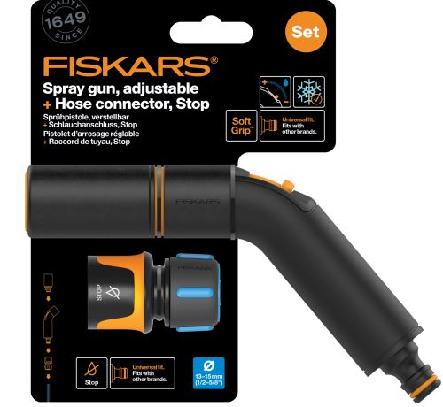 Fiskars Comfort set - nastavitelní zavlažovací pistole + hadicová spojka Comfort STOP 1/2" - 5/8" (1057607)