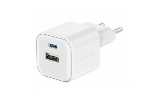 Mini adaptér GaN 230V 20W POWER DELIVERY 1xUSB-C + 1xUSB QC 18W BÍLÁ - 8595217484405